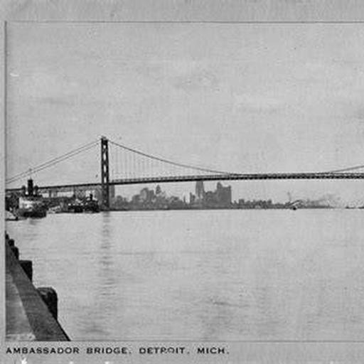 Historic view of the Detroit River with the Ambassador Bridge