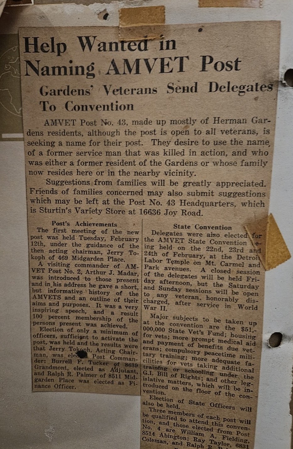 AMVETS Post No. 43 newspaper clipping