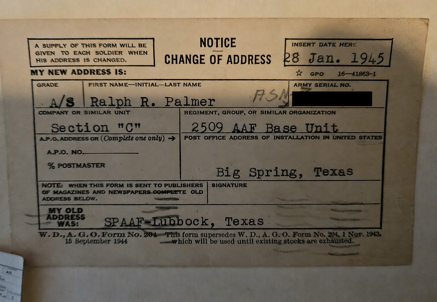 Army change of address card