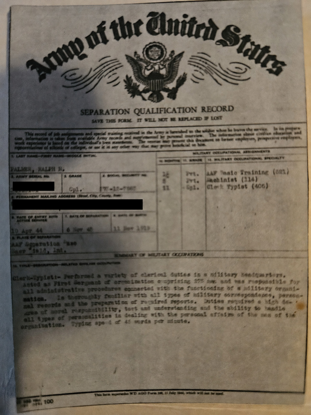 Army separation qualification record