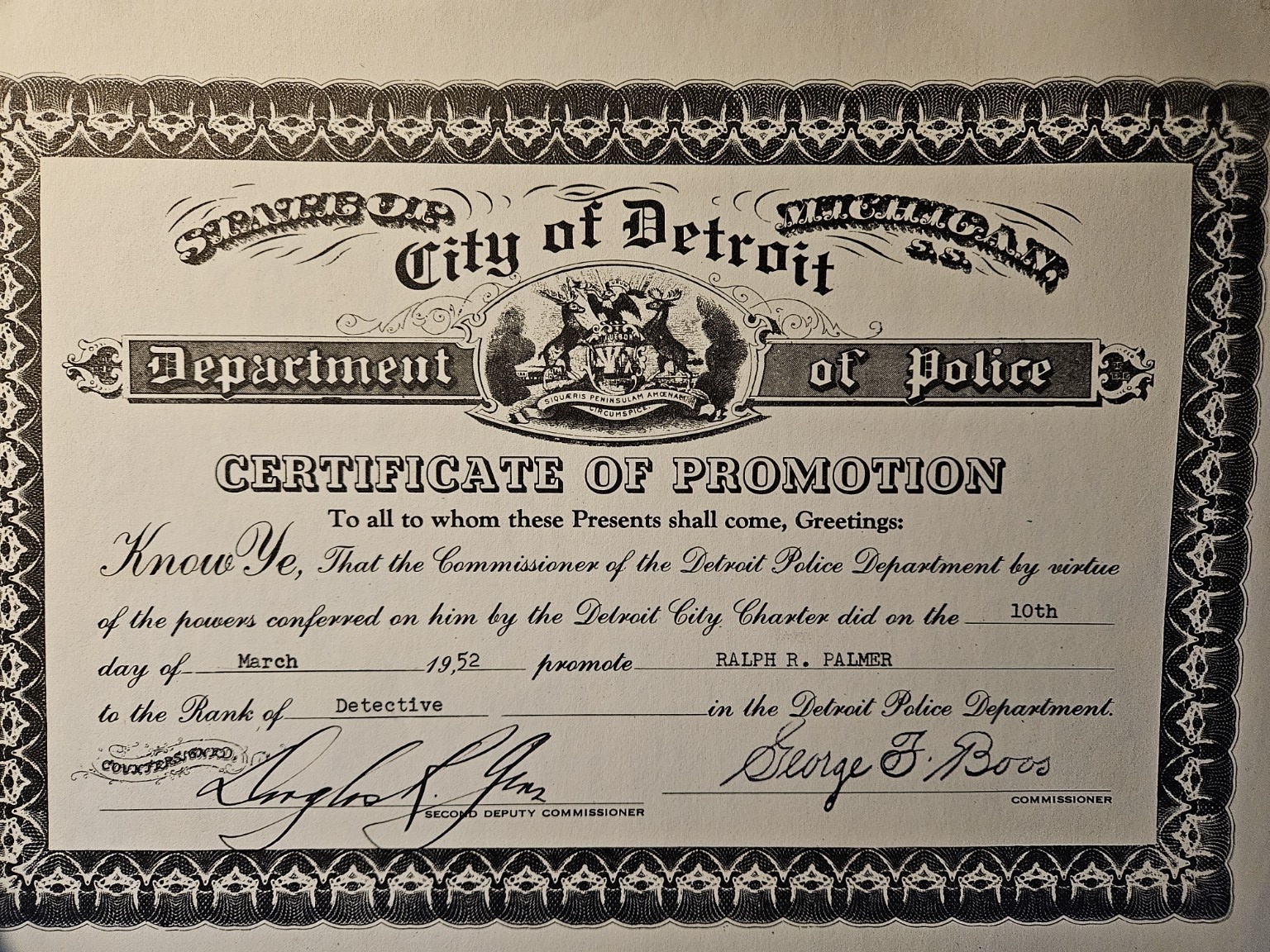 Ralph Palmer Detroit Police detective promotion certificate