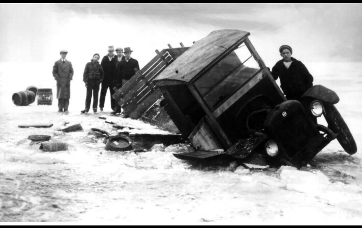 Rum-runner truck broken through the ice on the Detroit River during Prohibition