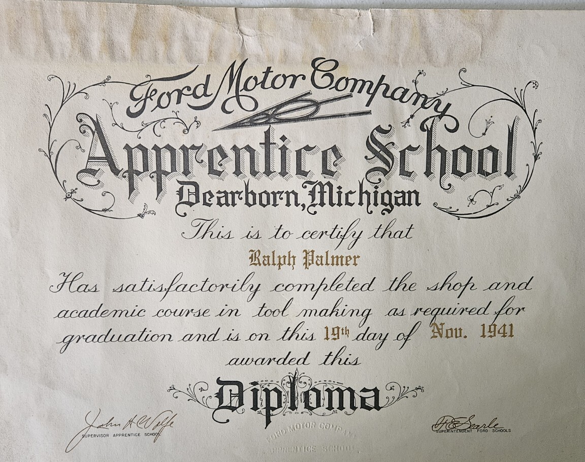 Ford Motor Company Apprentice School diploma awarded to Ralph Palmer in 1941