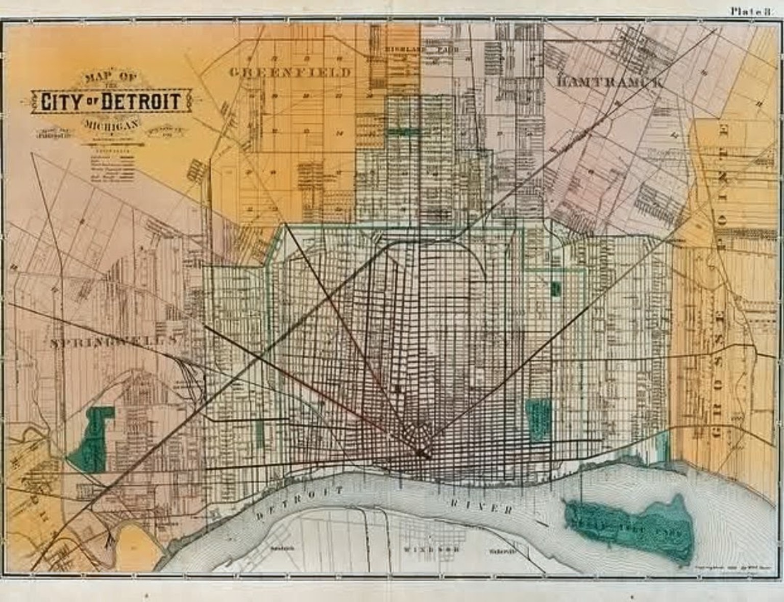 Historical map of the City of Detroit and surrounding townships