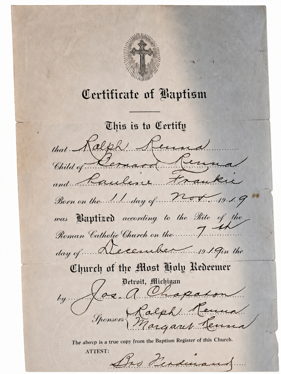 1919 baptism certificate for Ralph Renna from the Church of the Most Holy Redeemer in Detroit