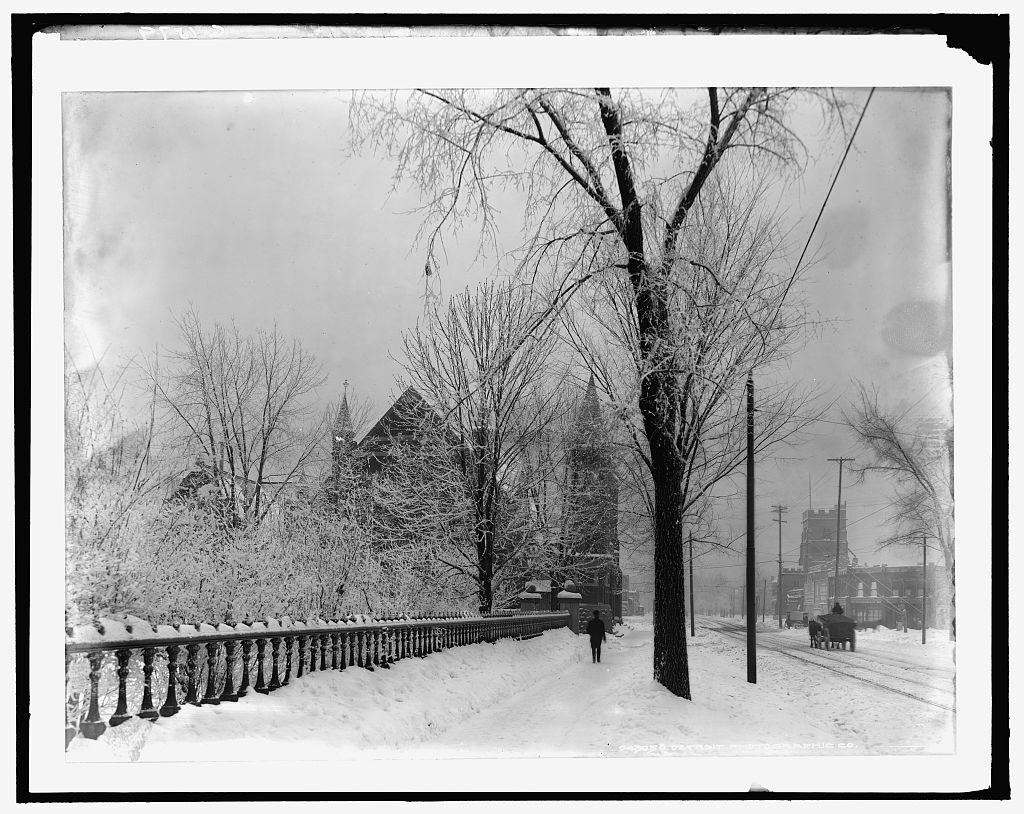 Church and Grand River Avenue in snow, Detroit, early 1900s