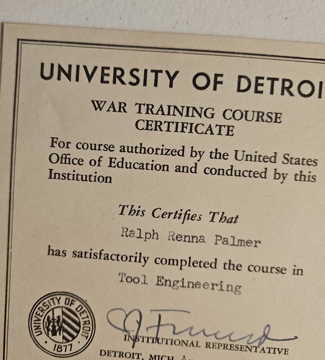 University of Detroit Tool Engineering war training certificate
