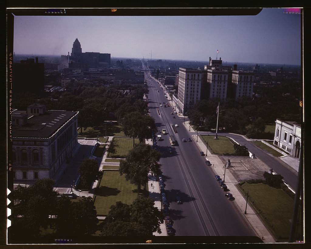 Looking north on Woodward Avenue from the Maccabees Building, Detroit, July 1942